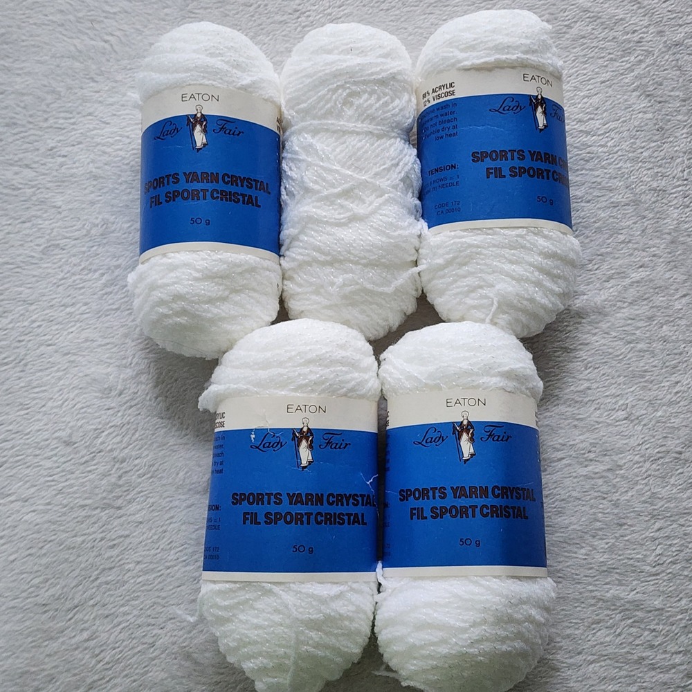 Eaton Lady Fair Sports Yarn Crystal White Lot of 5 Skeins 50g Each Sparkle Knit